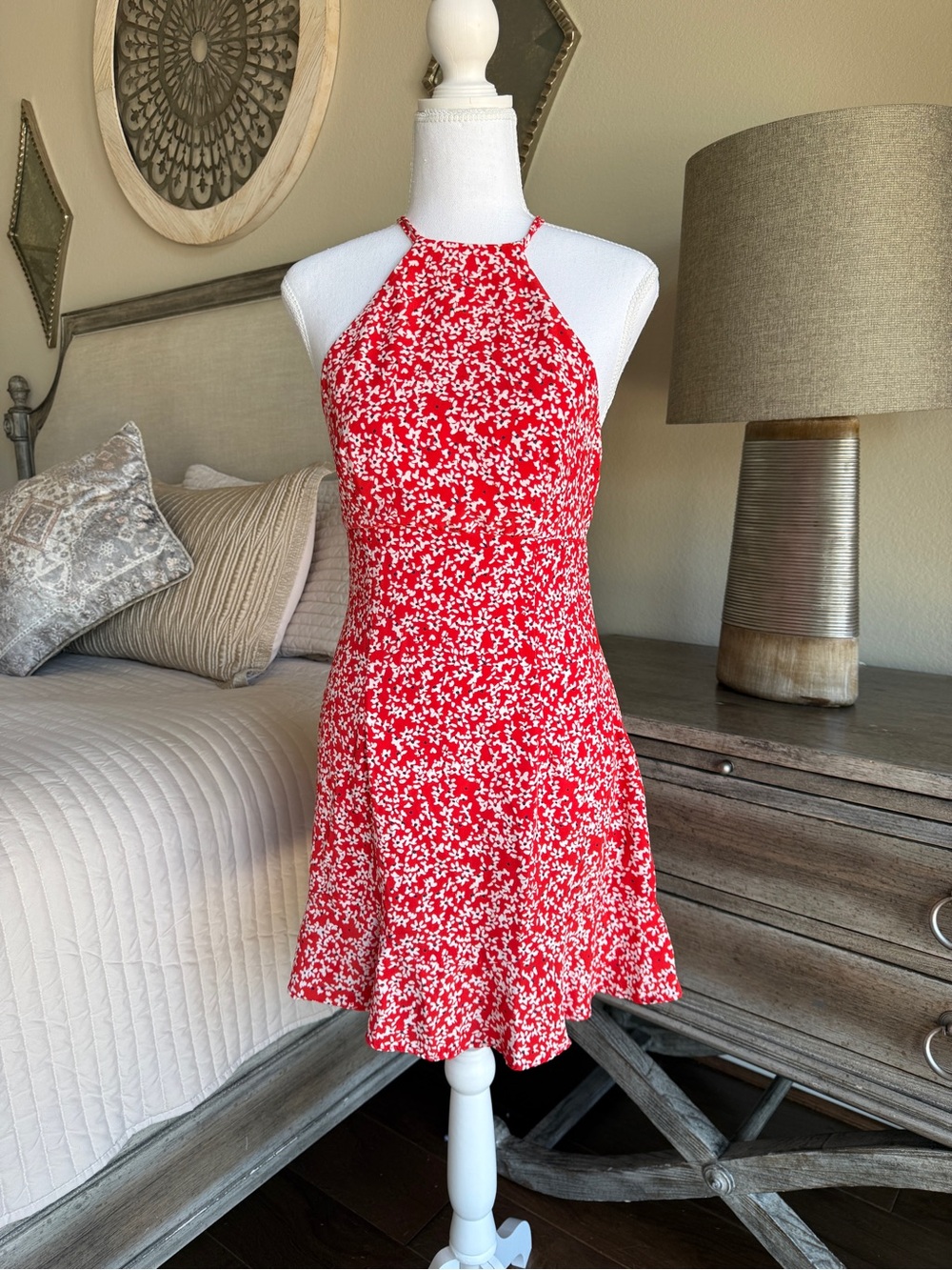 Zara Red and White Floral Halter Mini Dress